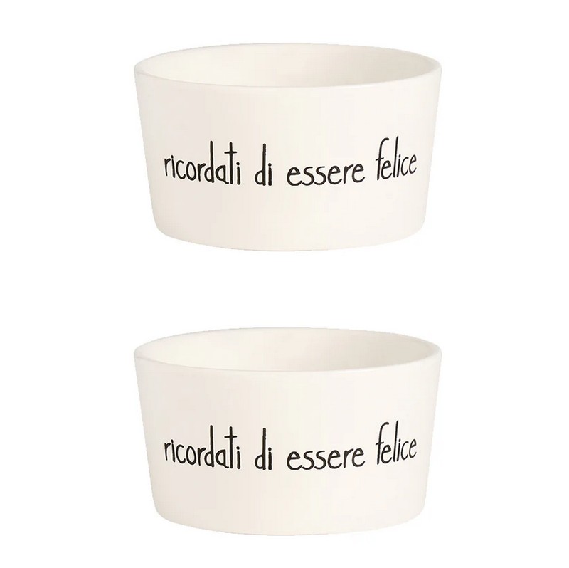 Set 2 coppette in gres bianco decorate con scritta “Ricordati di essere felice